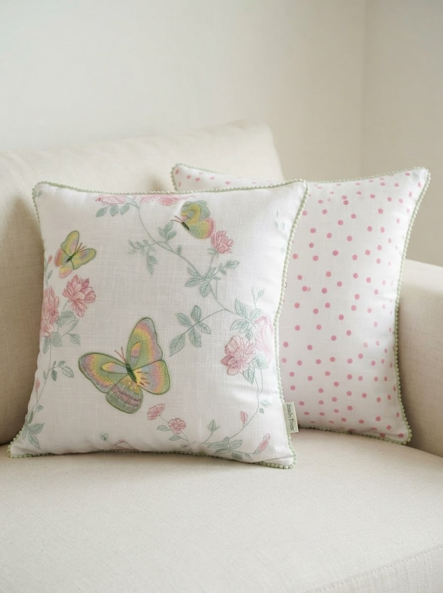 Floral Butterfly Cotton Pillow Cover with Decorative Piped Border – Soft Printed Cushion Cover