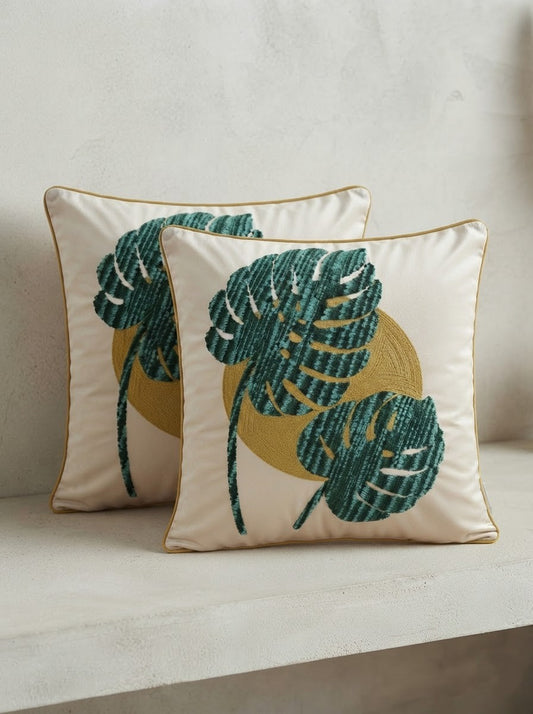Green Leaf Embroidered Poly Dupion Cushion Cover 18x18 Inch – Decorative Botanical Cushion Cover for Sofa & Bed