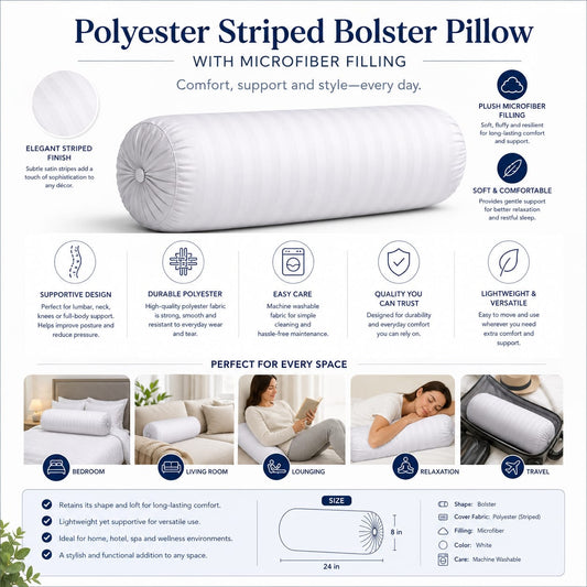 White Striped Bolster Pillow (9x24 inch) – Soft Polyester Cylindrical Cushion | Neck, Back & Leg Support | Single Piece
