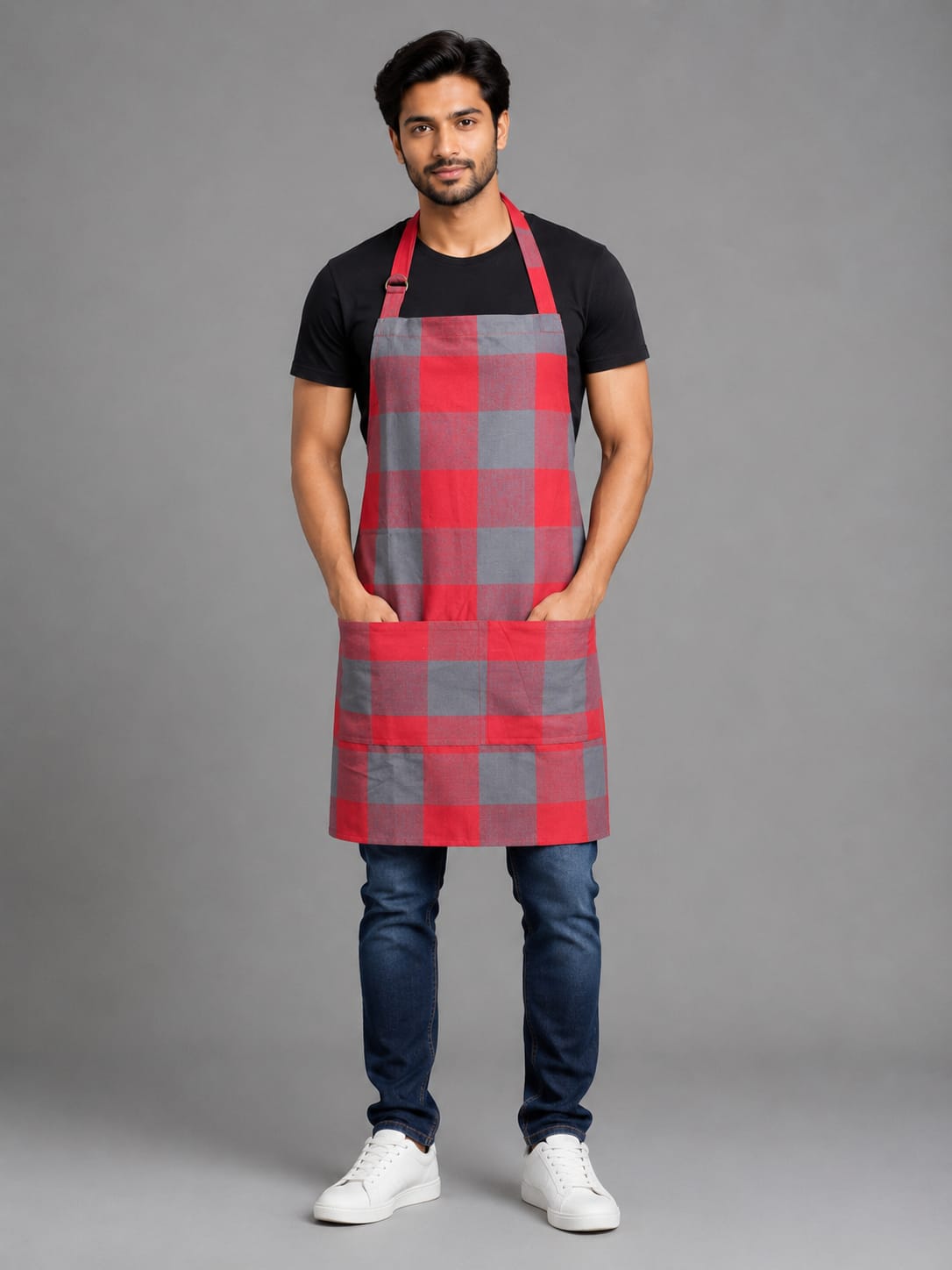 Unisex Cotton Kitchen Apron for Men & Women | Free Size | Adjustable Neckline with Adjuster | Soft Breathable Fabric | Parted Front Pocket | Back Straps for Adjustable Fit | Red Grey Checkered Apron