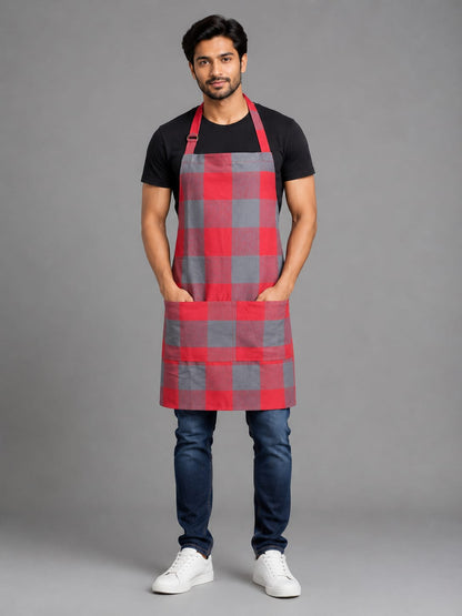 Unisex Cotton Kitchen Apron for Men & Women | Free Size | Adjustable Neckline with Adjuster | Soft Breathable Fabric | Parted Front Pocket | Back Straps for Adjustable Fit | Red Grey Checkered Apron