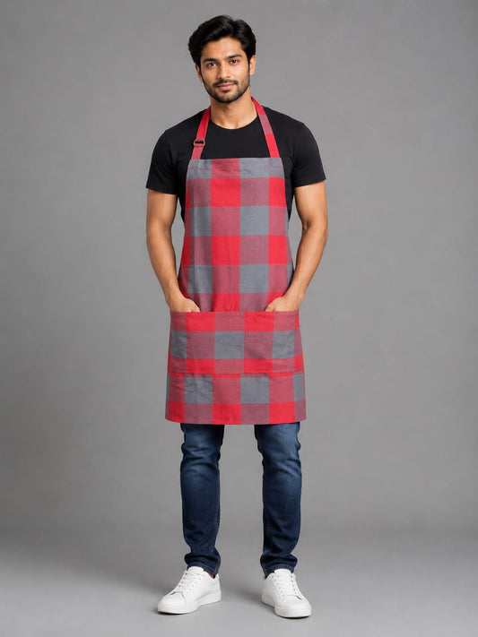Unisex Cotton Kitchen Apron for Men & Women | Free Size | Adjustable Neckline with Adjuster | Soft Breathable Fabric | Parted Front Pocket | Back Straps for Adjustable Fit | Red Grey Checkered Apron