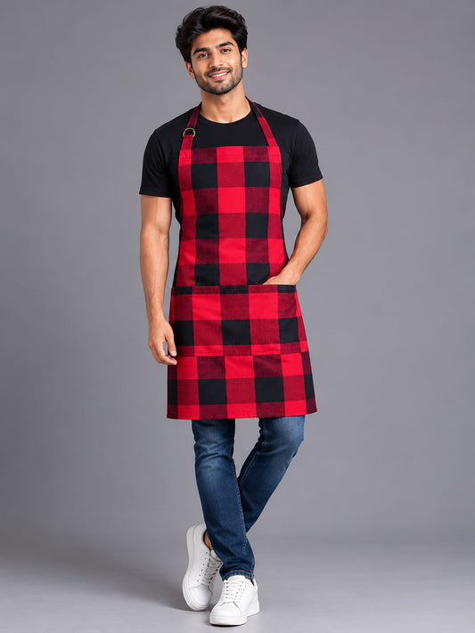 Unisex Cotton Checkered Kitchen Apron with Adjustable Neck Strap & Front Pocket | Free Size | Soft Breathable Cooking Apron