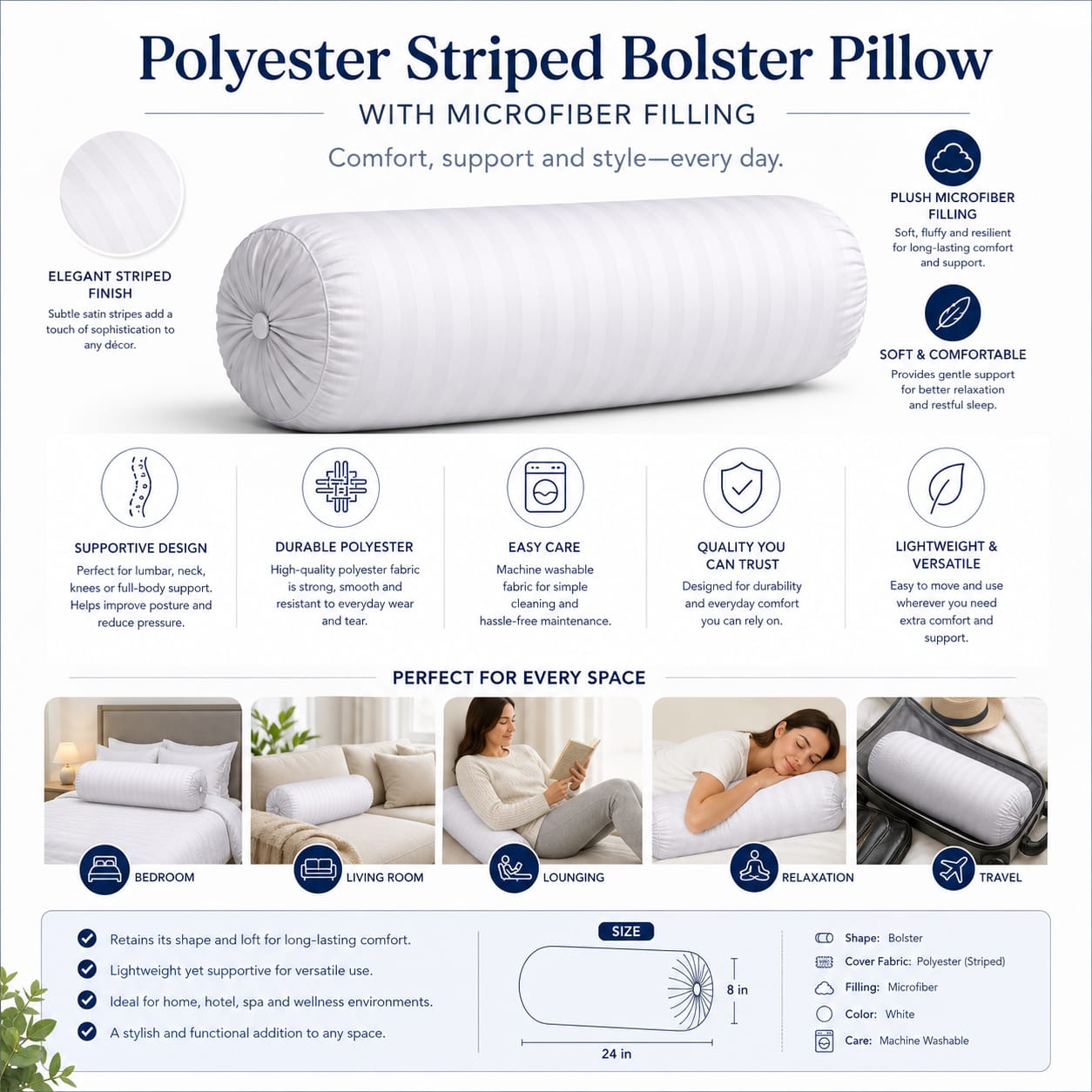 Set of 5 White Striped Bolster Pillows (9x24 inch) – Premium Polyester Filling | Full Bed Support & Luxury Styling