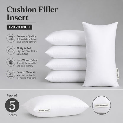 Plain White Polyester Cushion Insert – 12 x 20 Inch Premium Soft Decorative Pillow Filler for Sofa, Couch, Bed & Home Décor