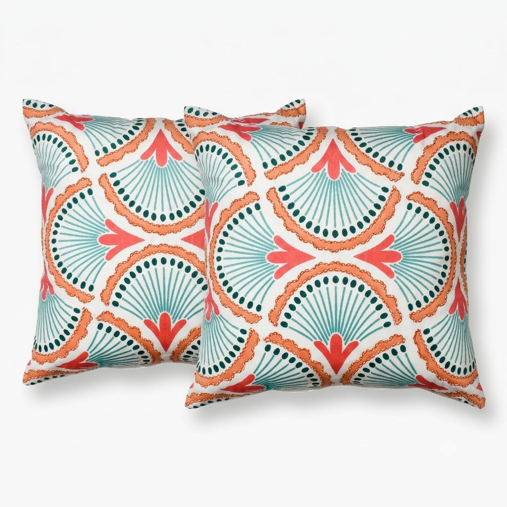Coral & Teal Fan Pattern Poly Velvet Cushion Cover with Premium Cushion Insert | Decorative Throw Pillow
