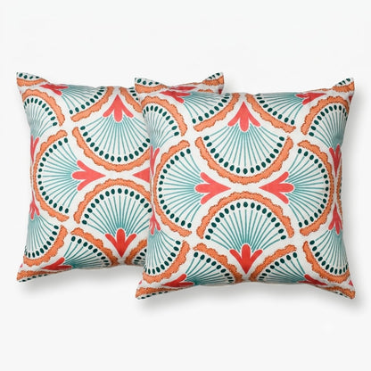 Coral & Teal Fan Pattern Poly Velvet Cushion Cover with Premium Cushion Insert | Decorative Throw Pillow
