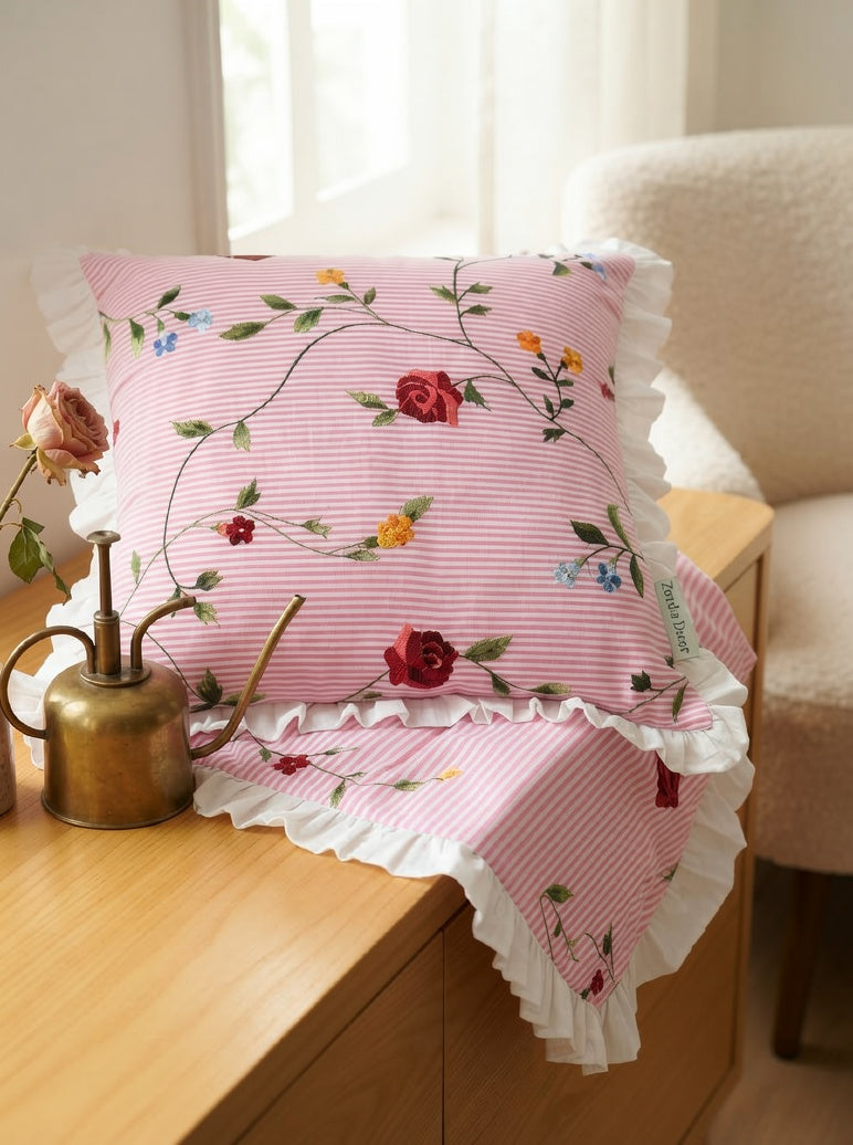 Pink Floral Cotton Pillow Cover with Ruffled Border – Striped Printed Cushion Cover