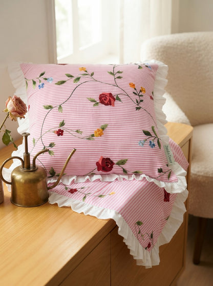 Pink Floral Cotton Pillow Cover with Ruffled Border – Striped Printed Cushion Cover