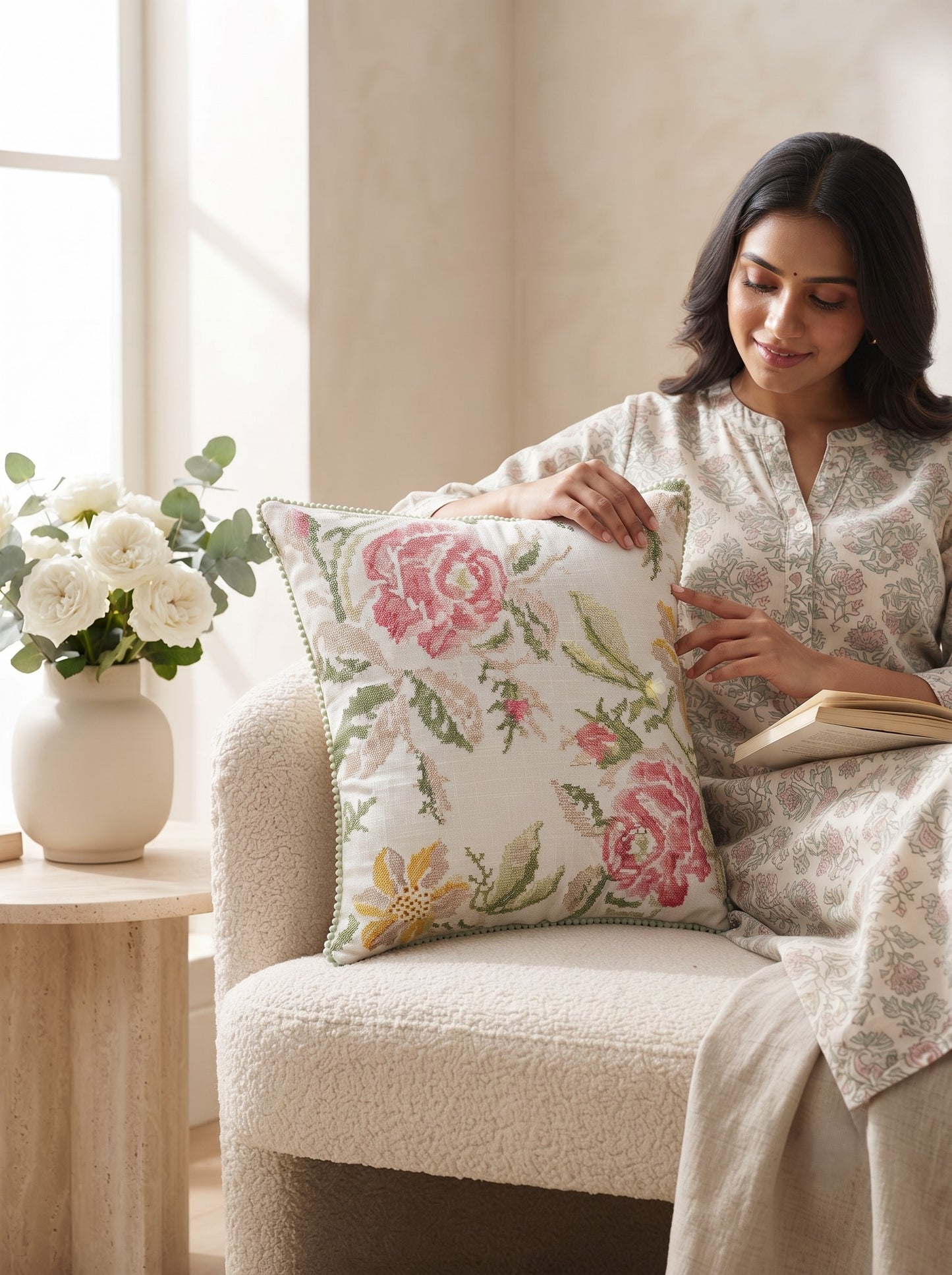 Floral Cross Stitch Embroidered Throw Pillow Cover 18 x 18 Inch - Pack of 1