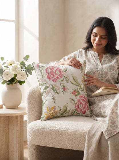 Floral Cross Stitch Embroidered Throw Pillow Cover 18 x 18 Inch - Pack of 1