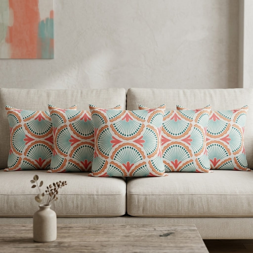 Coral & Teal Fan Pattern Poly Velvet Cushion Cover with Premium Cushion Insert | Decorative Throw Pillow