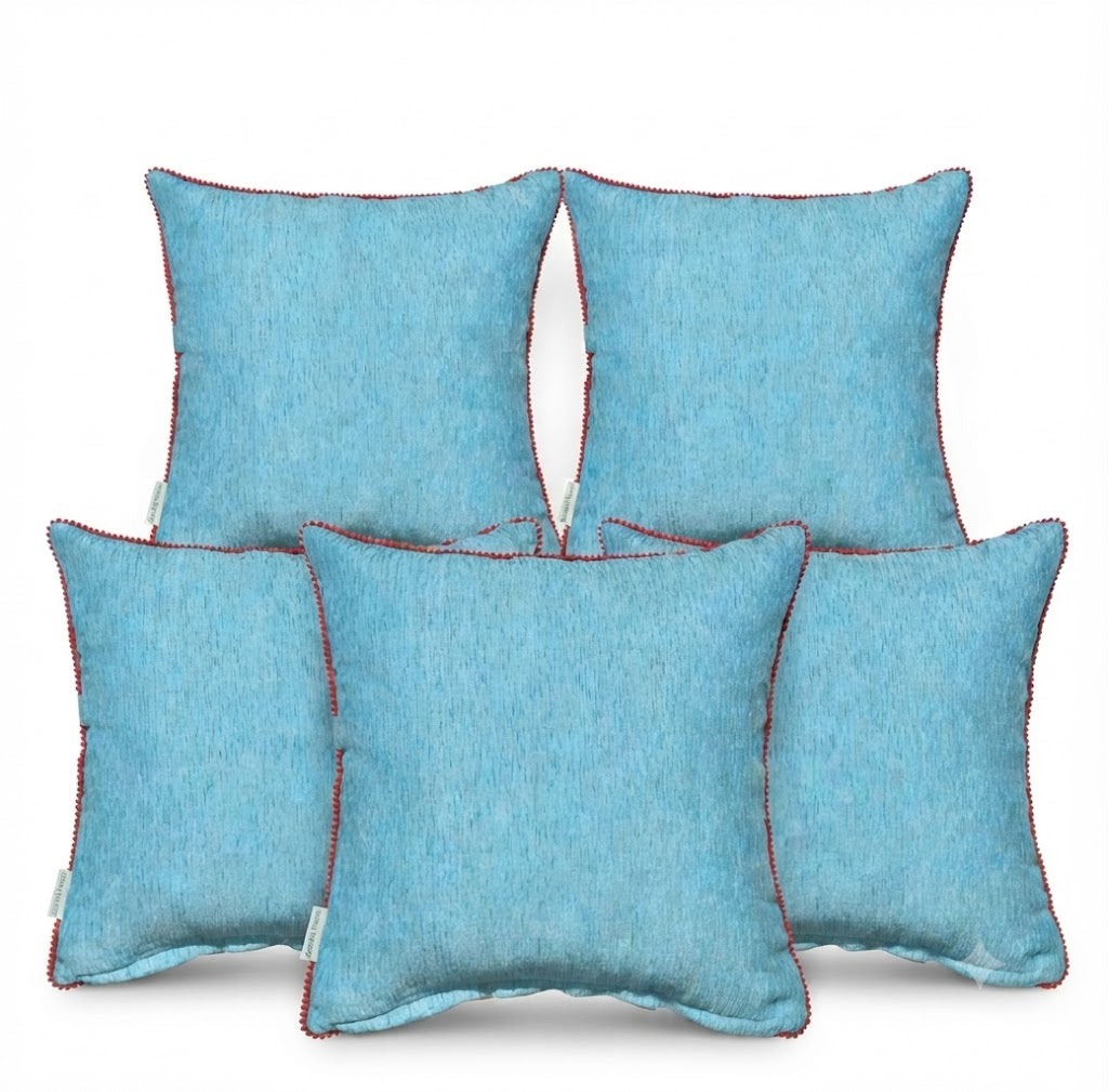 Velvet Cushion Cover with Red Pom Pom Trim – Soft Polyester Decorative Pillow Cover