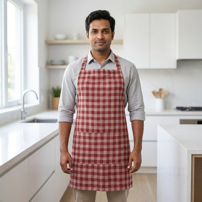 Premium Checked Cotton Kitchen Apron with Front Pocket | Unisex Cooking & Baking Apron
