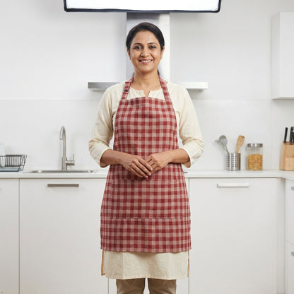 Premium Checked Cotton Kitchen Apron with Front Pocket | Unisex Cooking & Baking Apron