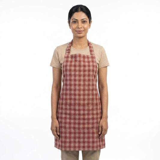Premium Checked Cotton Kitchen Apron with Front Pocket | Unisex Cooking & Baking Apron