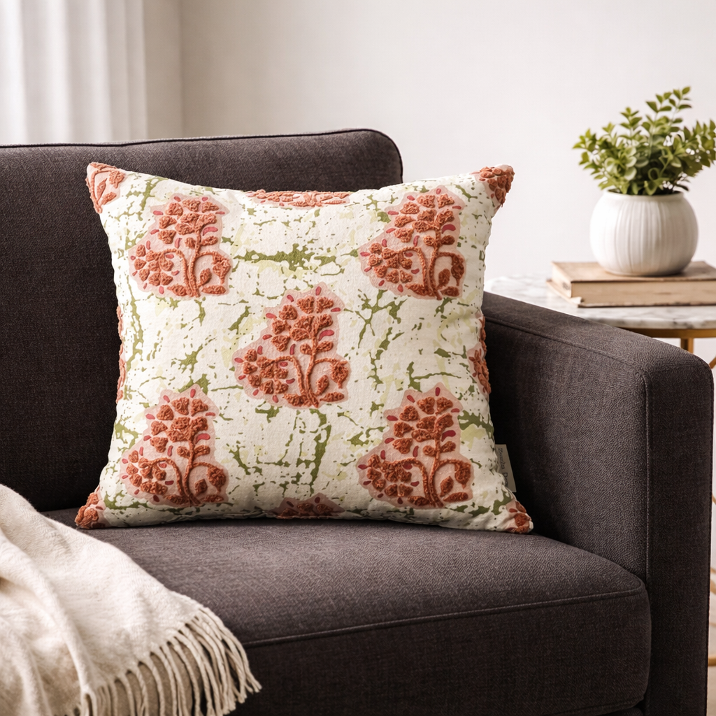Premium Cotton Cushion Cover with Insert | Textured Floral Tufted Design | Soft Decorative Sofa Cushion | Modern Living Room Accent Pillow | 16x16 Inch