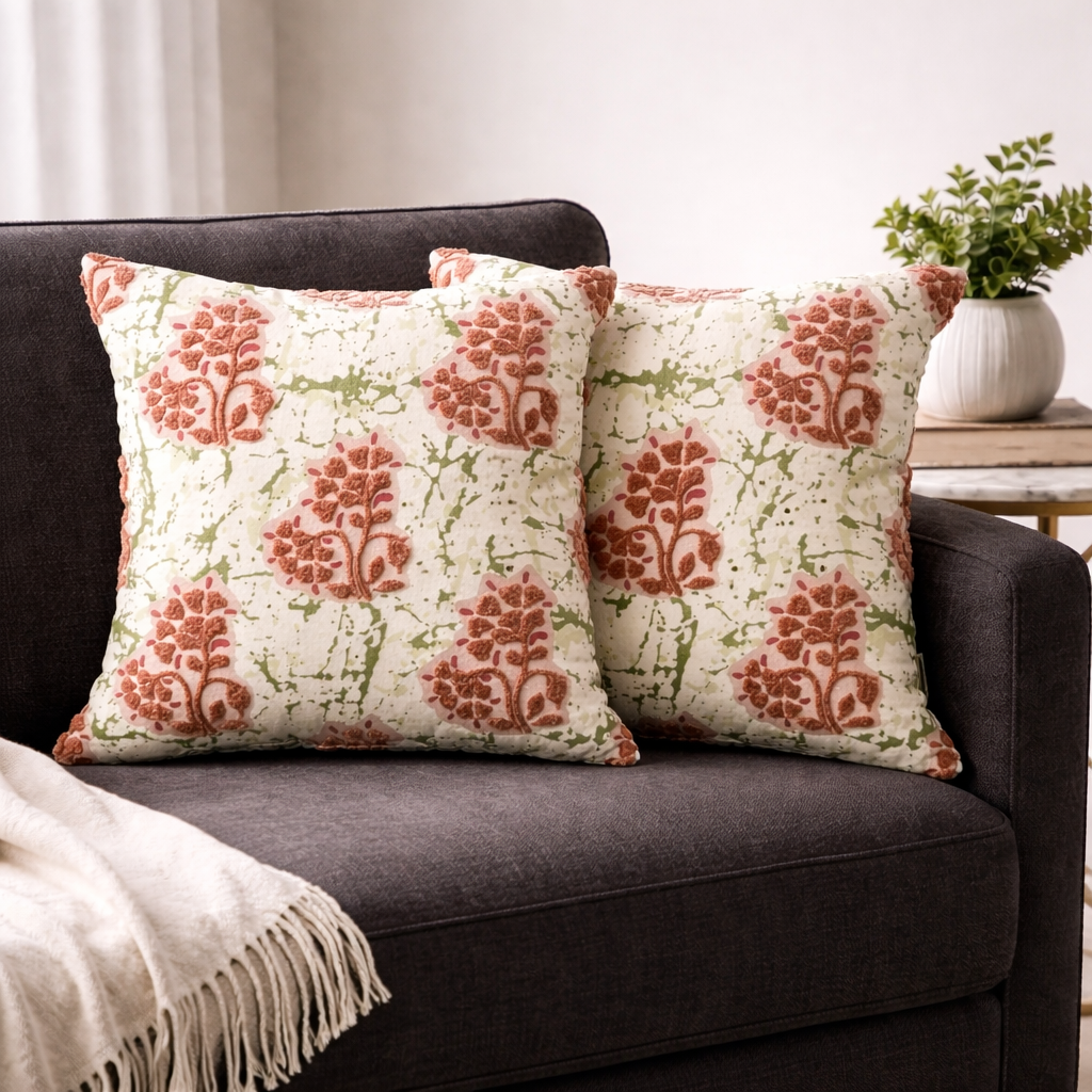 Premium Cotton Cushion Cover with Insert | Textured Floral Tufted Design | Soft Decorative Sofa Cushion | Modern Living Room Accent Pillow | 16x16 Inch