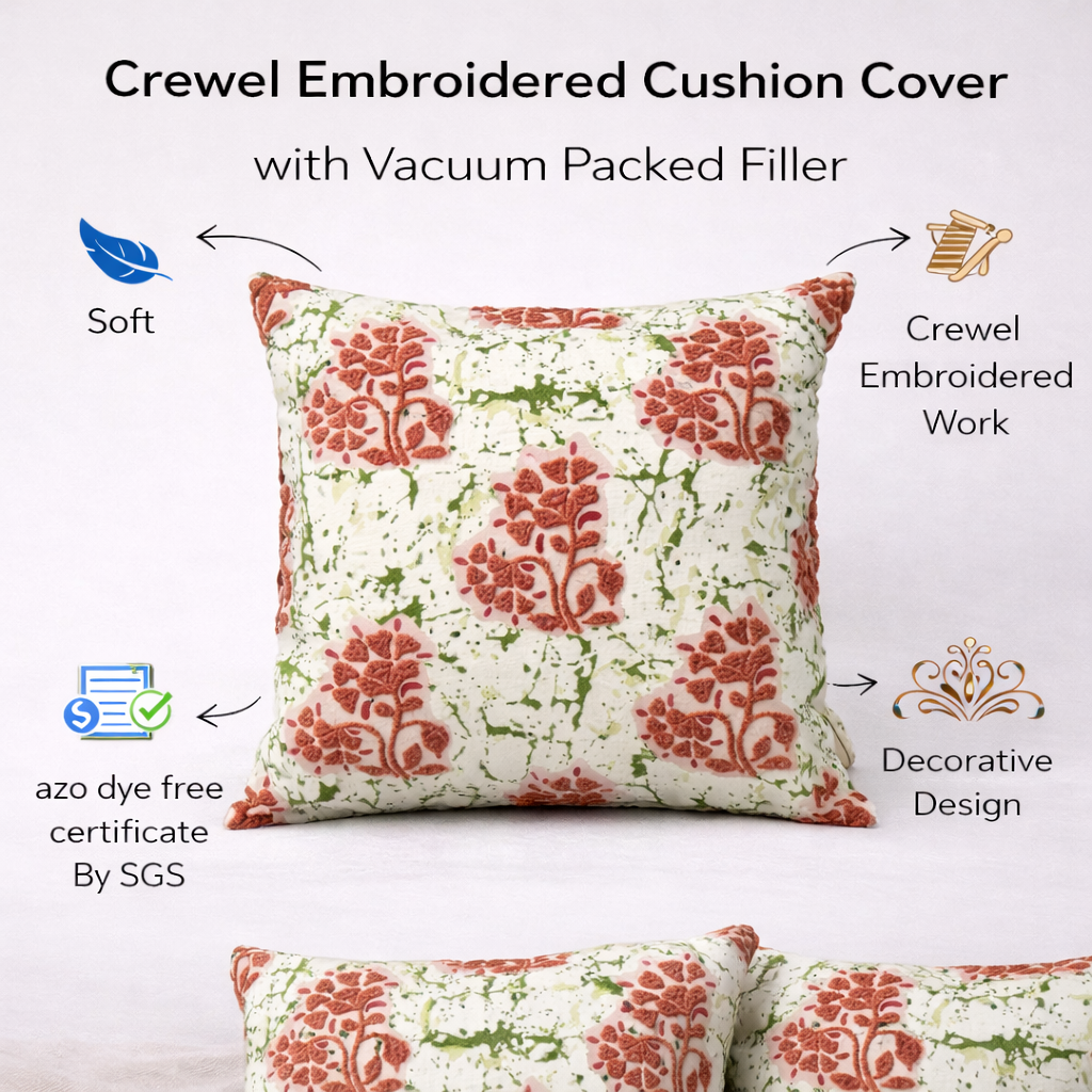 Premium Cotton Cushion Cover with Insert | Textured Floral Tufted Design | Soft Decorative Sofa Cushion | Modern Living Room Accent Pillow | 16x16 Inch