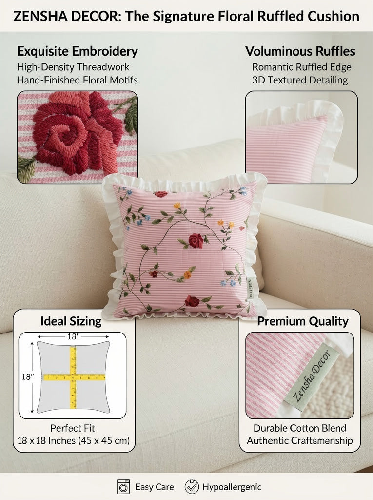 Pink Floral Cotton Pillow Cover with Ruffled Border – Striped Printed Cushion Cover