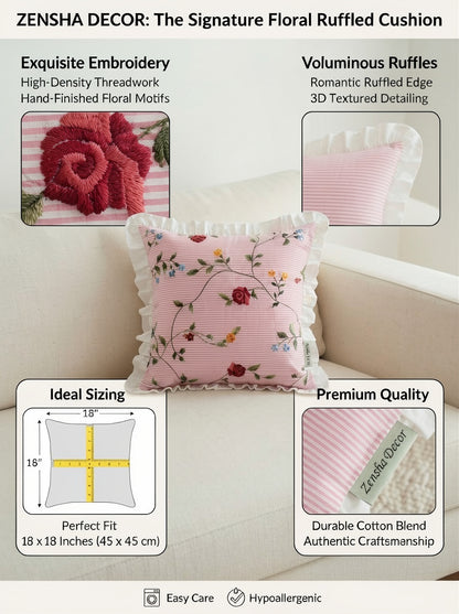 Pink Floral Cotton Pillow Cover with Ruffled Border – Striped Printed Cushion Cover