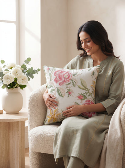 Floral Cross Stitch Embroidered Throw Pillow Cover 18 x 18 Inch - Pack of 1